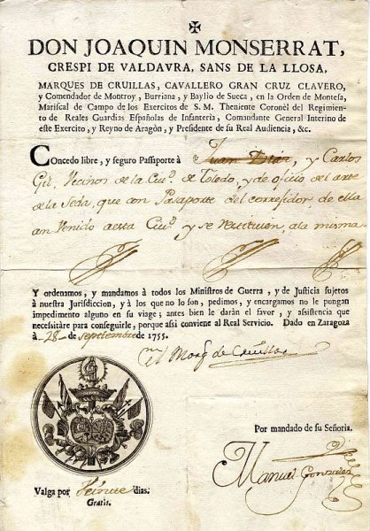 01 Pasaporte dado por el presidente de la Real Audiencia de Aragón a dos vecinos de Toledo Año 1755