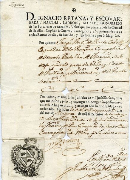 01 Pasaporte dado por Ignacio Retana Escovar, corregidor de Antequera Año 1771