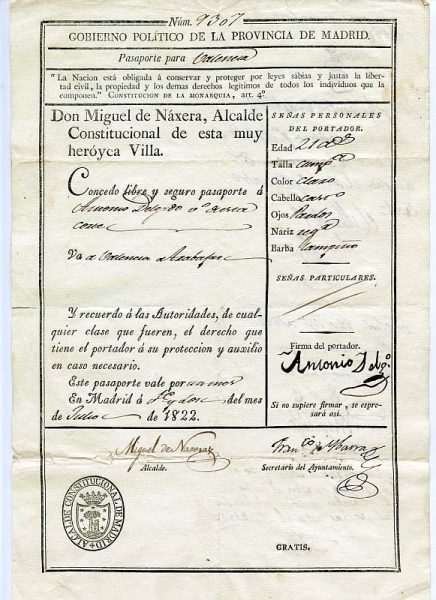 02 Pasaporte dado por el alcalde de Madrid a un vecino de esta ciudad Año 1822 Anverso