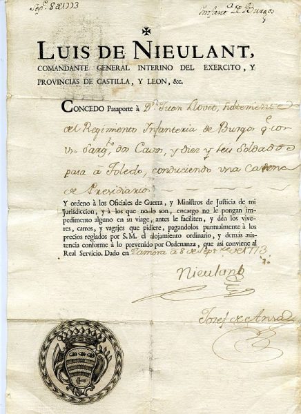 02 Pasaporte dado por Luis de Nieulant, comandante general Interino del Ejército Año 1773