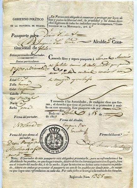 03 Pasaporte dado por el alcalde de Toledo a un vecino de Valdepeñas Año 1823