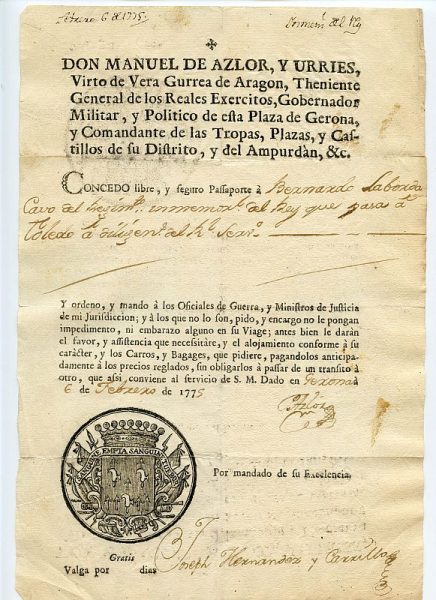 03 Pasaporte dado por Manuel de Azlor y Urries, gobernador militar y político de Gerona Año 1775