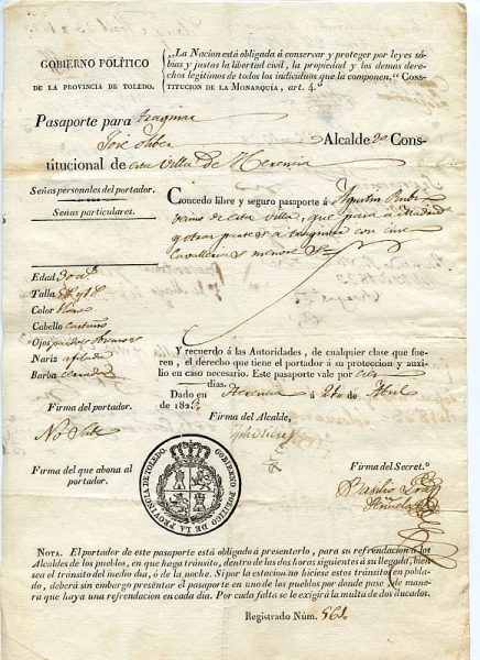 04 Pasaporte dado por el alcalde de Herencia a un vecino de esta localidad toledana Año 1823 Anverso