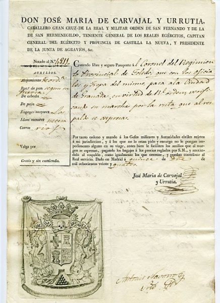 05 Pasaporte dado por José María de Carvajal y Urrutia, capitán general del Ejército y provincia de Castilla La Nueva Año 1824