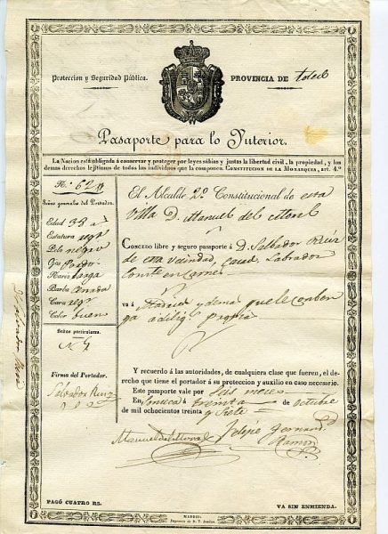 05 Pasaporte para lo interior dado por el alcalde de Sonseca a un vecino de esta localidad toledana Año 1837 Anverso