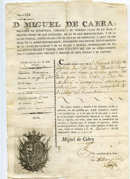 06 Pasaporte dado por Miguel de Cabra, gobernador político y militar de Almería Año 1825