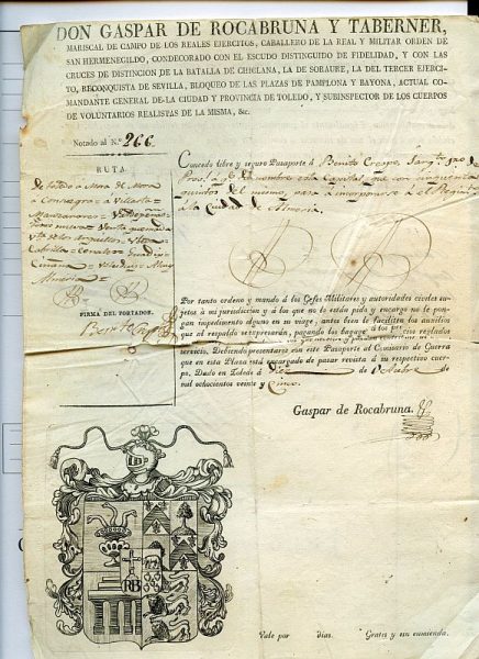 07 Pasaporte dado por Gaspar de Rocabruna y Taberner, comandante general de la ciudad y provincia de Toledo Año 1825