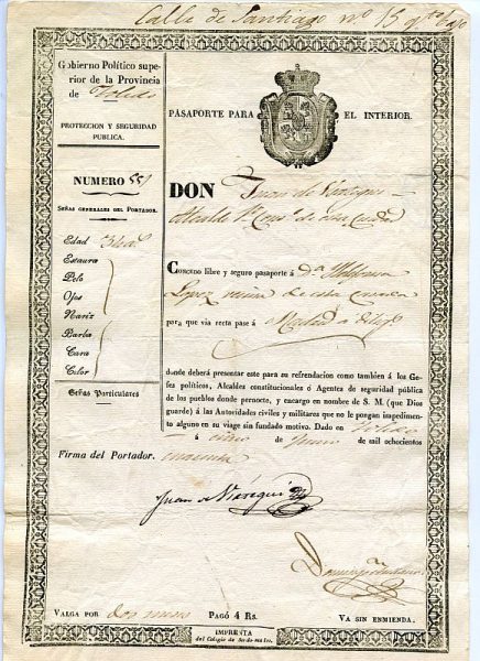 07 Pasaporte para lo interior dado por el alcalde de Toledo a una vecina de esta ciudad Año 1840 Anverso