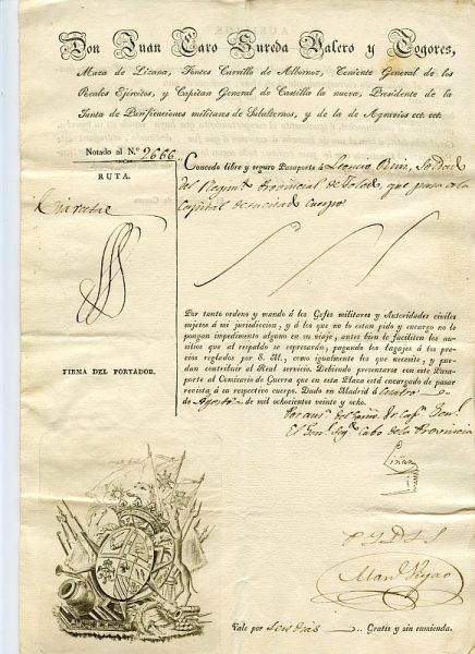 08 Pasaporte dado por Juan Caro Sureda Valero y Togores, capitán general de Castilla La Nueva Año 1828