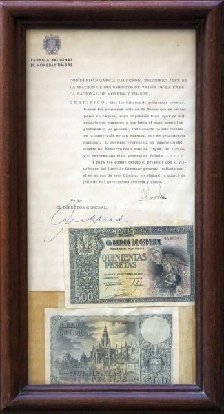 Billete de 500 pesetas ilustrado con un fragmento de El entierro del Señor de Orgaz y emitido en 1940