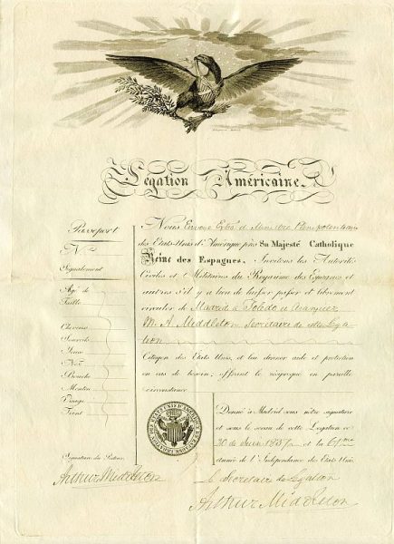 ESTADOS UNIDOS Pasaporte dado en Madrid por la embajada de Estados Unidos a un ciudadano americano Año 1837