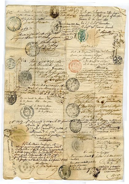 ITALIA Pasaporte dado en Nápoles por el Reino de las dos Sicilias a un ciudadano italiano Año 1822 Hoja 1 reverso