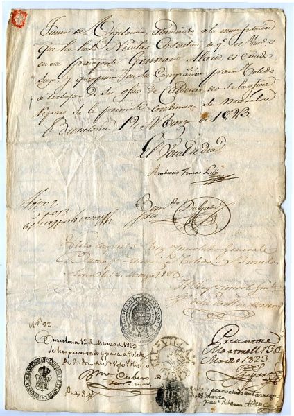 ITALIA Pasaporte dado en Nápoles por el Reino de las dos Sicilias a un ciudadano italiano Año 1822 Hoja 2 anverso