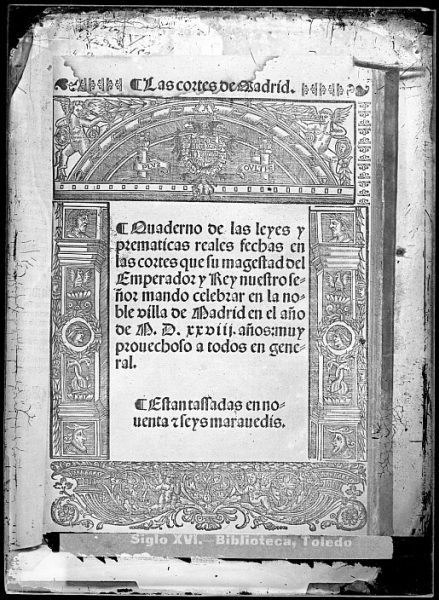 CA-0806-VI_Grabado del escudo imperial de Carlos V incluido en la portada del libro Las Cortes de Madrid, Quaderno de las leyes y prematicas reales , impreso posiblemente en Salamanca, en 1540