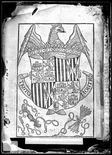 CA-0824-VI_Grabado del escudo de los Reyes Católicos con el lema de Tanto Monta incluido en un libro impreso en el siglo XVI