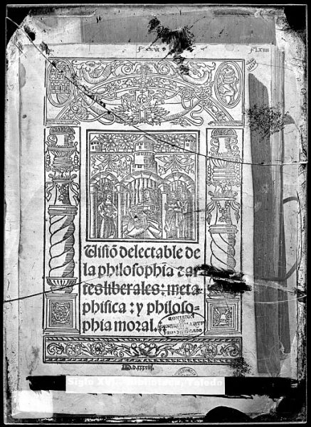 CA-0827-VI_Grabado que ilustra la portada del libro Visio[n] delectable de la philosophia e artes liberales-metaphisica -y philosophia moral, de Alfonso de la Torre, impreso en Sevilla en 1538