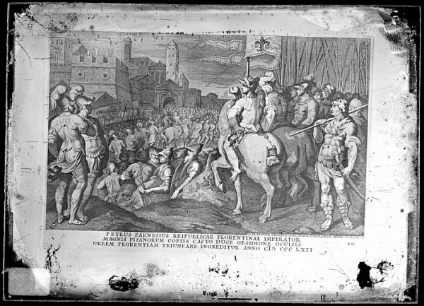 CA-0835-VI_Grabado titulado Petrus Farnesius reipublicae florentinae imperator que refleja la victoria de Florencia sobre Pisa en 1362, dibujado por G C Prenner en Roma hacia 1747