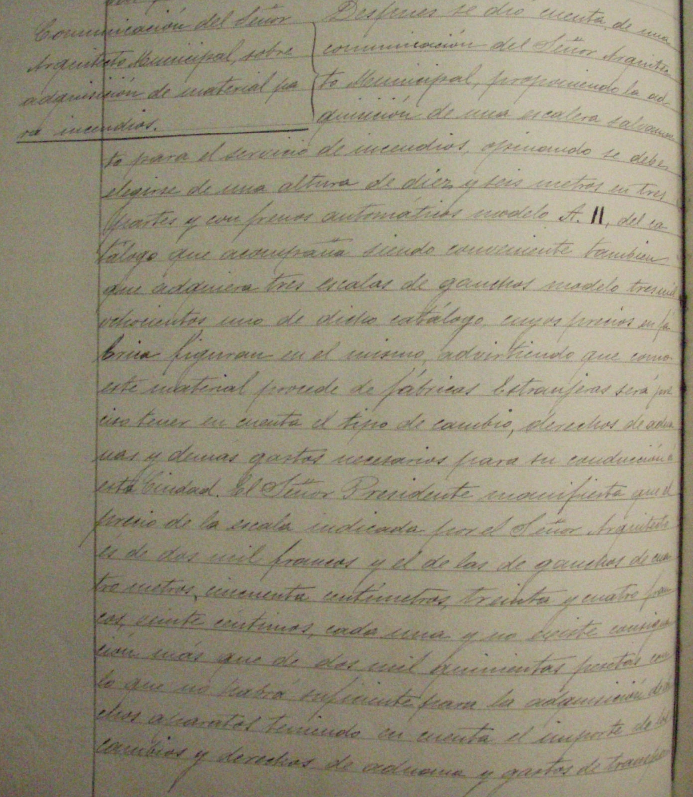 Libro de actas Ayto.Toledo . Octubre 1902-noviembre 1903, p. 195, Comunicación del Arquitecto sobre adquisición de material de incendios