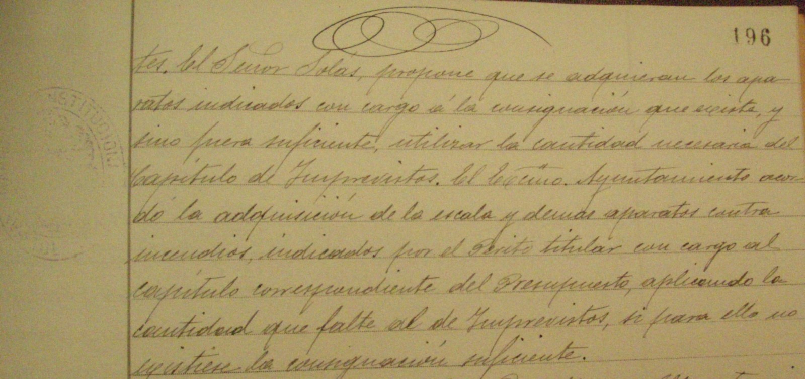 Libro de actas Ayto.Toledo . Octubre 1902-noviembre 1903, p. 196, Comunicación del Arquitecto sobre adquisición de material de incendios