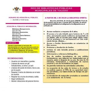  partir del 1 de Julio de 2020, Nueva normativa y recomendaciones para el servicio de Bibliotecas Municipales del Ayuntamiento de Toledo