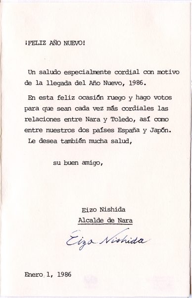 087-2 - Año 1985 _ Felicitación del Alcalde de Nara (Japón)