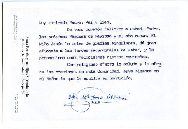 089-2 - Año 1986 _ Felicitación del Monasterio de Concepcionistas de Torrijos