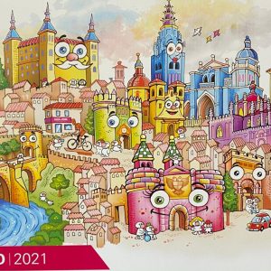 a alcaldesa recibe el calendario de Soliss Seguros en el que una ilustración de Toledo realizada por Toni Reollo protagoniza el mes de junio