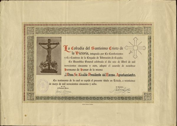1958-05-25 - Hermano de honor de la Cofradía del Santísimo Cristo de la Victoria de Toledo