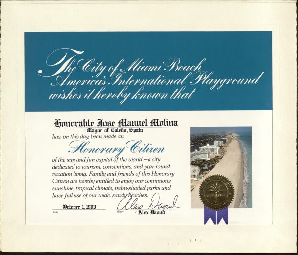 1990-10-01 - Ciudadano honorario otorgado por el alcalde de Miami Beach