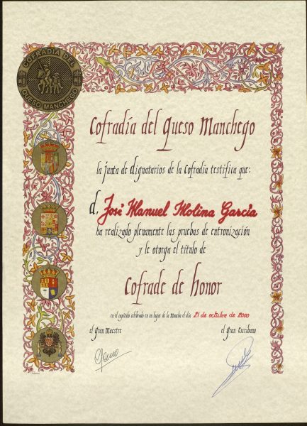 2000-10-21 - Cofrade de honor por la Cofradía del Queso Manchego