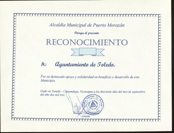 2003-09-17 - Reconocimiento por su apoyo dado por la alcaldía municipal de Puerto Morazán (Nicaragua)