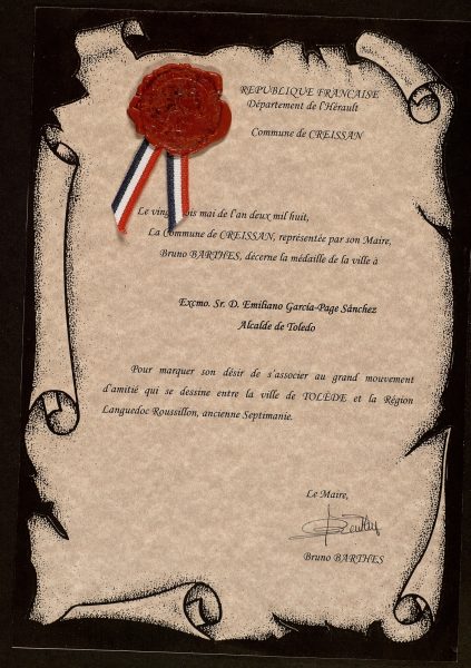 2008-05-23 - Medalla de la ciudad otorgada por el municipio de Creissan (Francia)