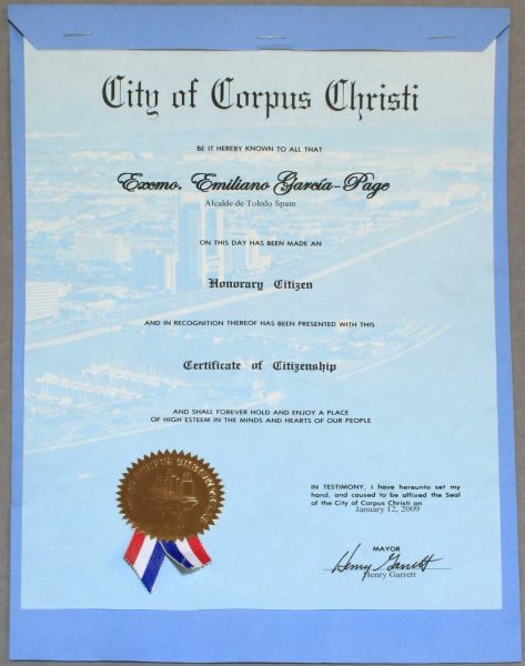 2009-01-12 - Ciudadano honorario otorgada por la ciudad de Corpus Christi (Estados Unidos)