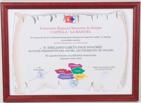2010-10-30 - Agradecimiento dado por la Federación Regional de Donantes de Sangre de Castilla La Mancha