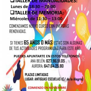 l Ayuntamiento ofrece en Azucaica un taller de memoria y otro de manualidades destinados a personas de 65 años en adelante