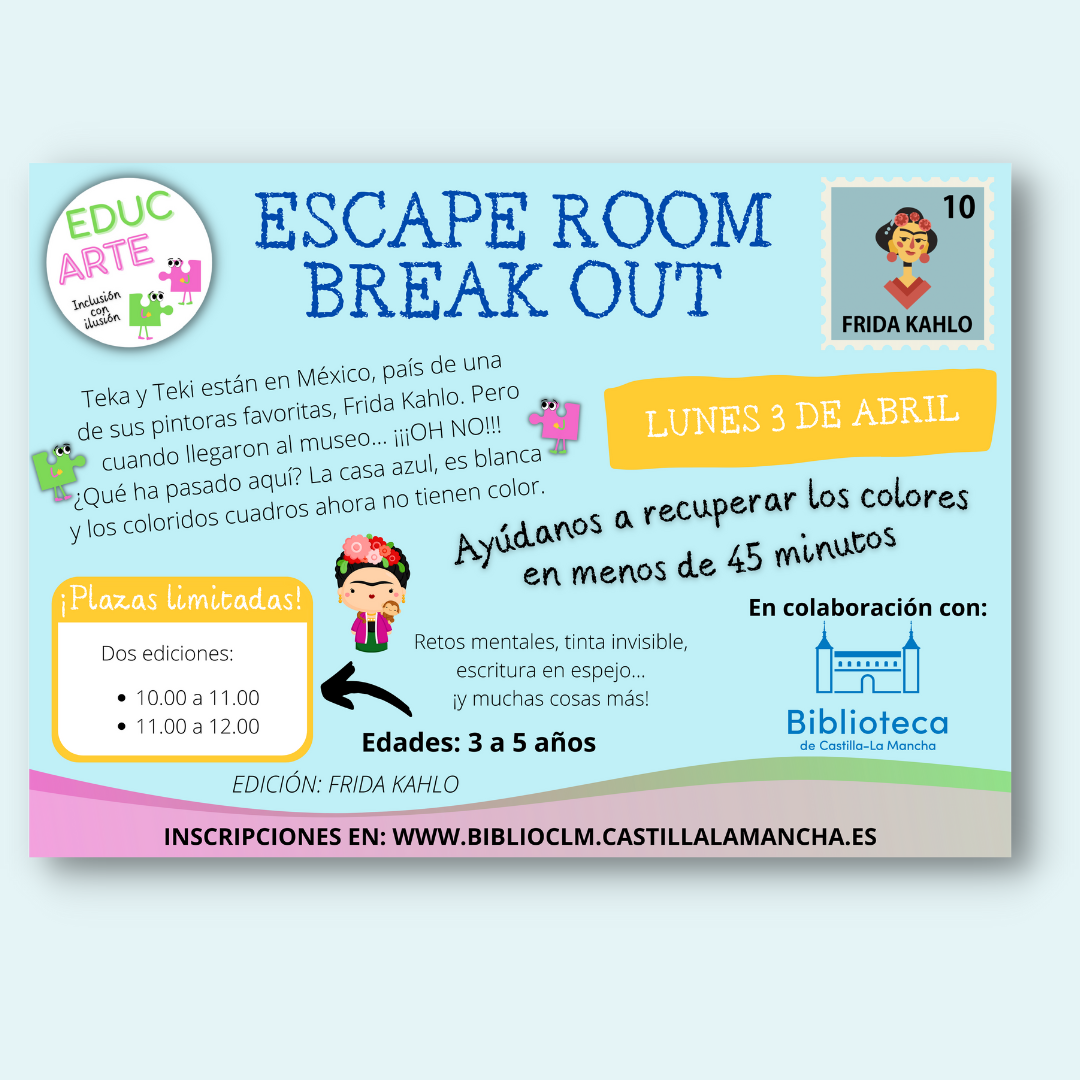 https://www.toledo.es/wp-content/uploads/2023/03/3-abril-infantil.-escape-room.png. Biblioteca de Castilla La Mancha. Escape Room Break Out “Edición Frida Kahlo”