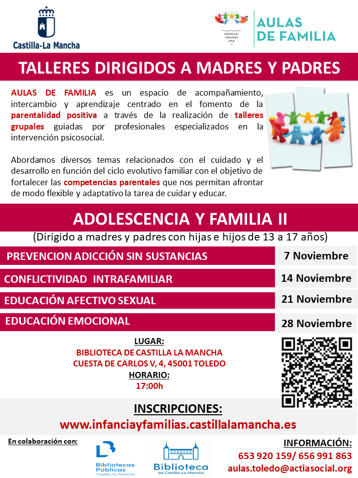https://www.toledo.es/wp-content/uploads/2023/10/biblio-clm-adolescencia-2.png. Talleres Aulas en Familia. “Prevención de adicción sin sustancia”