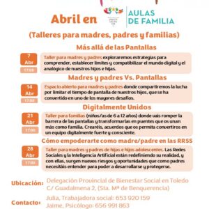 «Aulas de Familia: talleres para madres, padres y familias en abril»